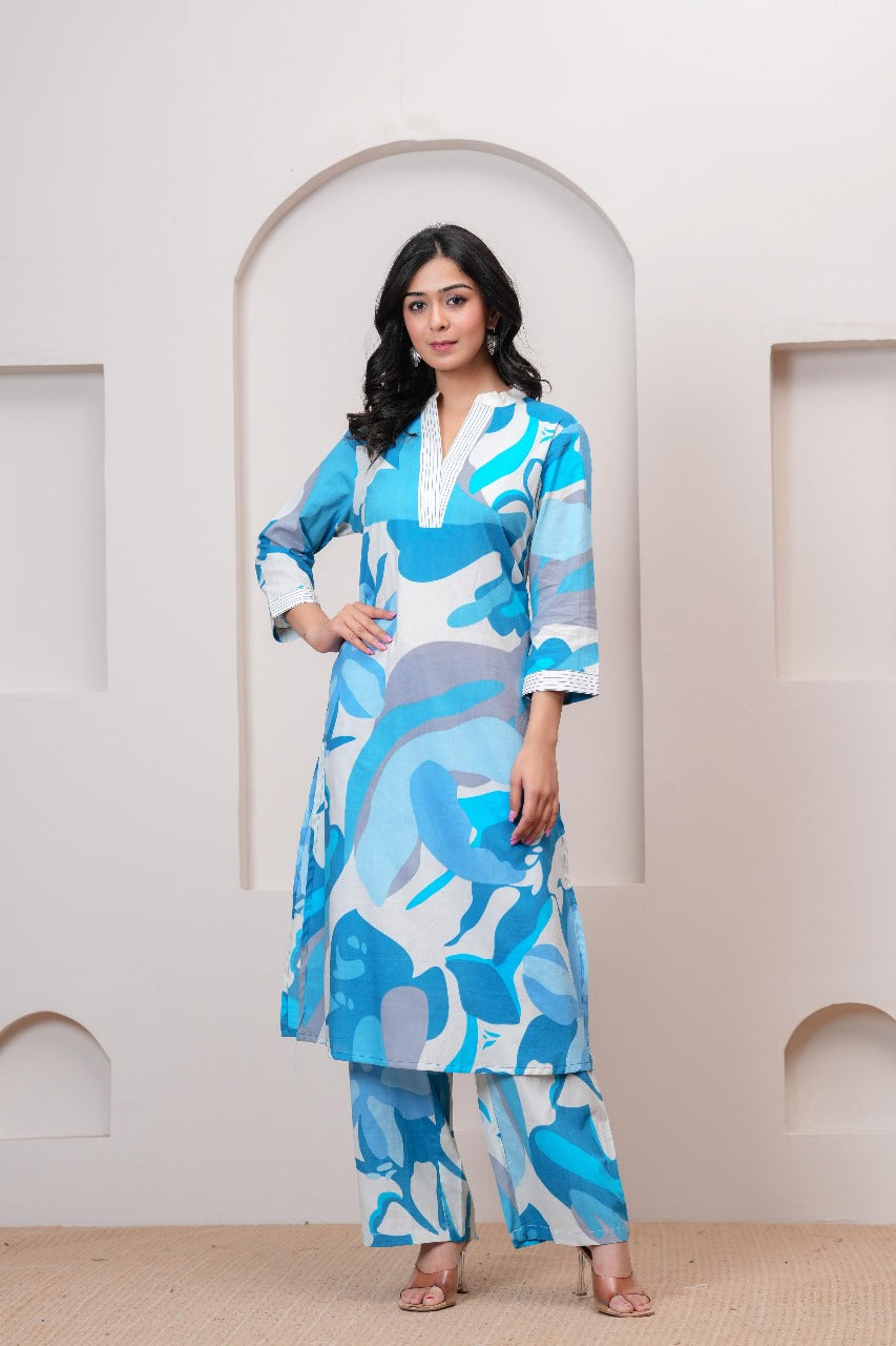 Digital printed smart co ord set in blue