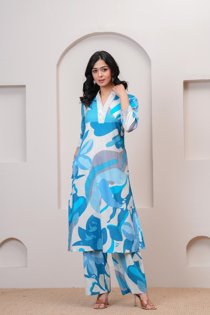 Digital printed smart co ord set in blue