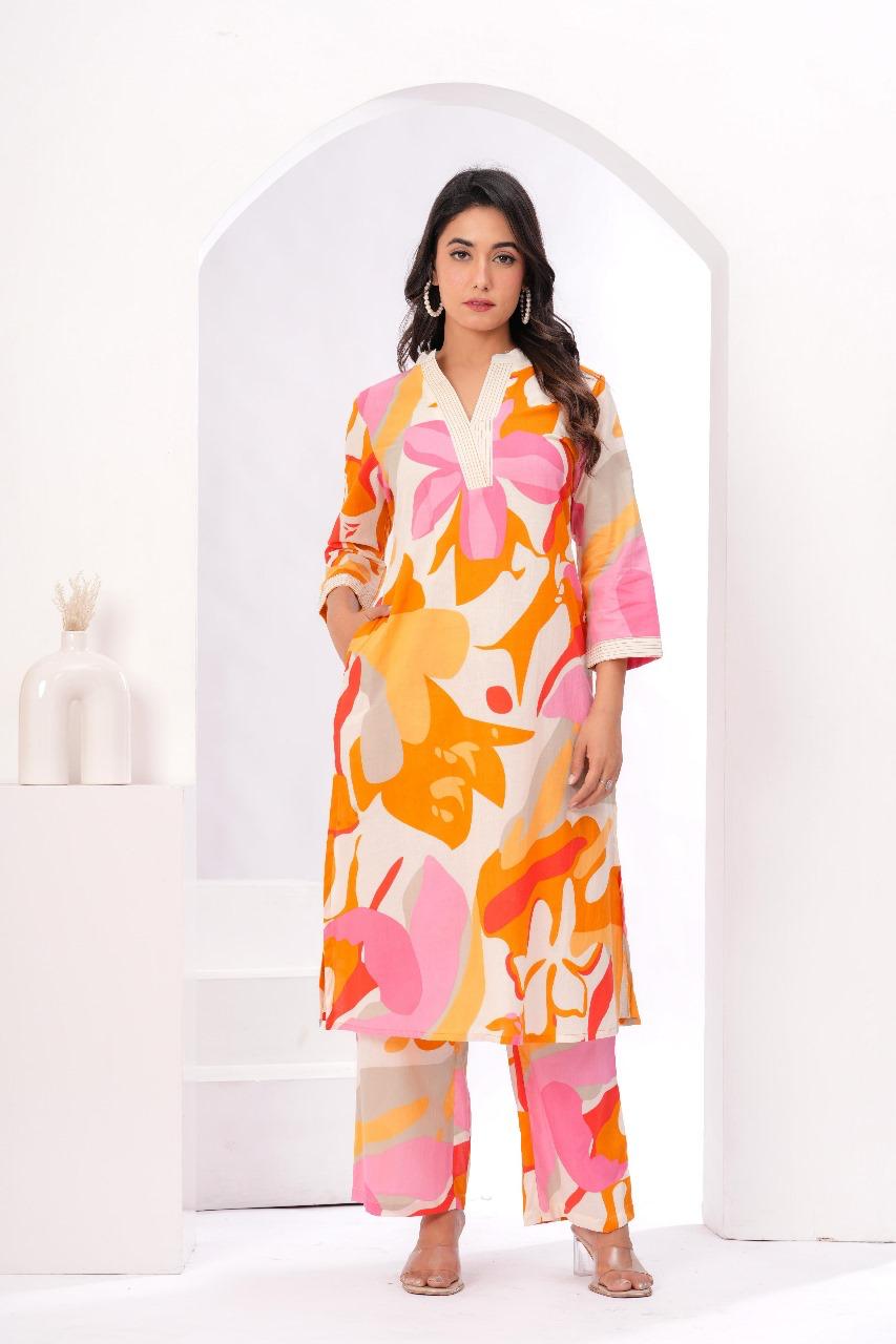 Digital printed smart co ord set in orange