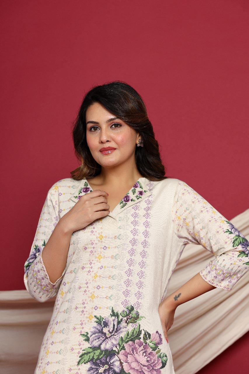 Embroidered collar digital printed cotton co ord