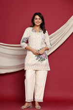 Embroidered collar digital printed cotton co ord