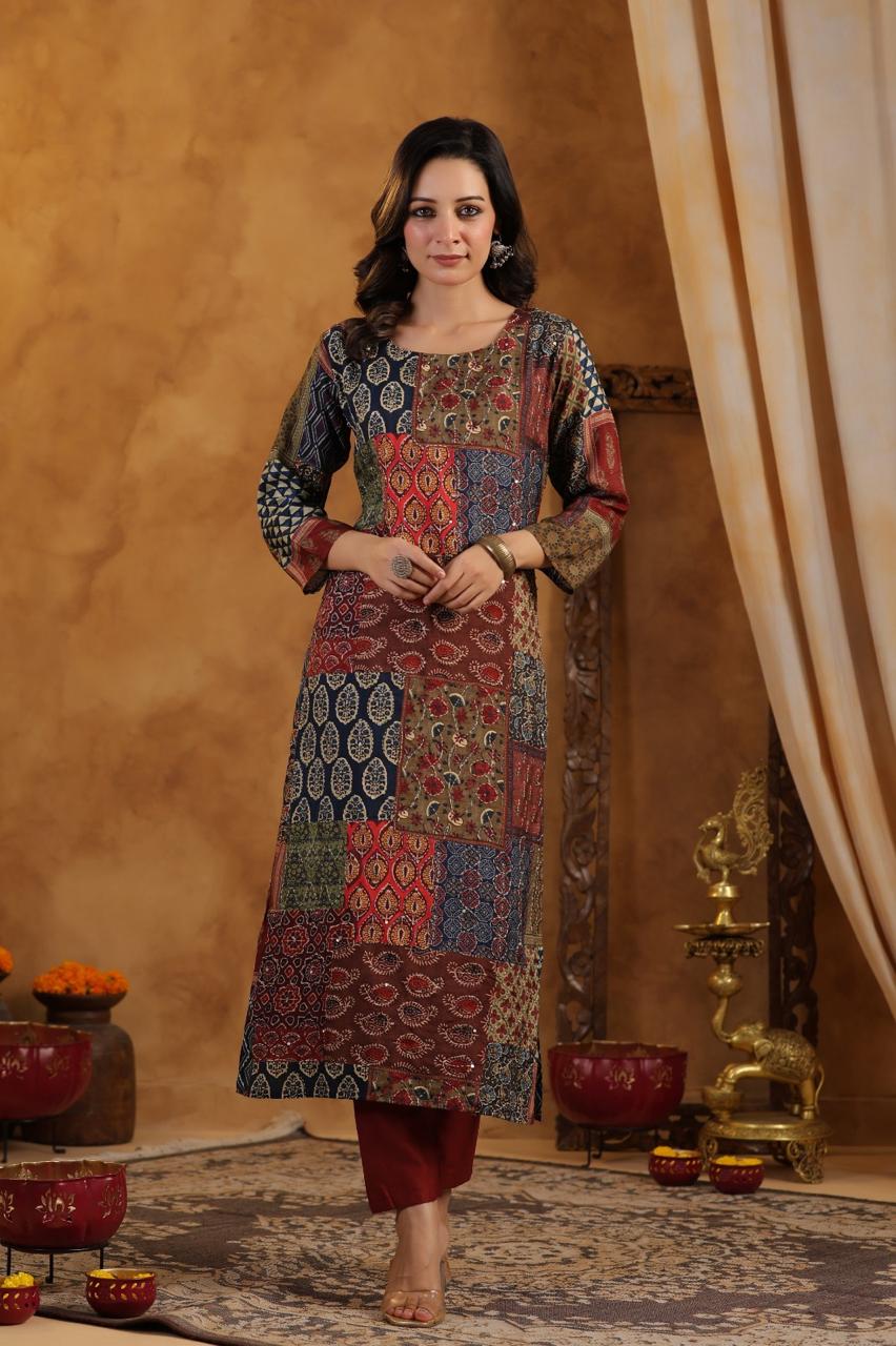 Pretty mul silk katha stitched lining kurta pant