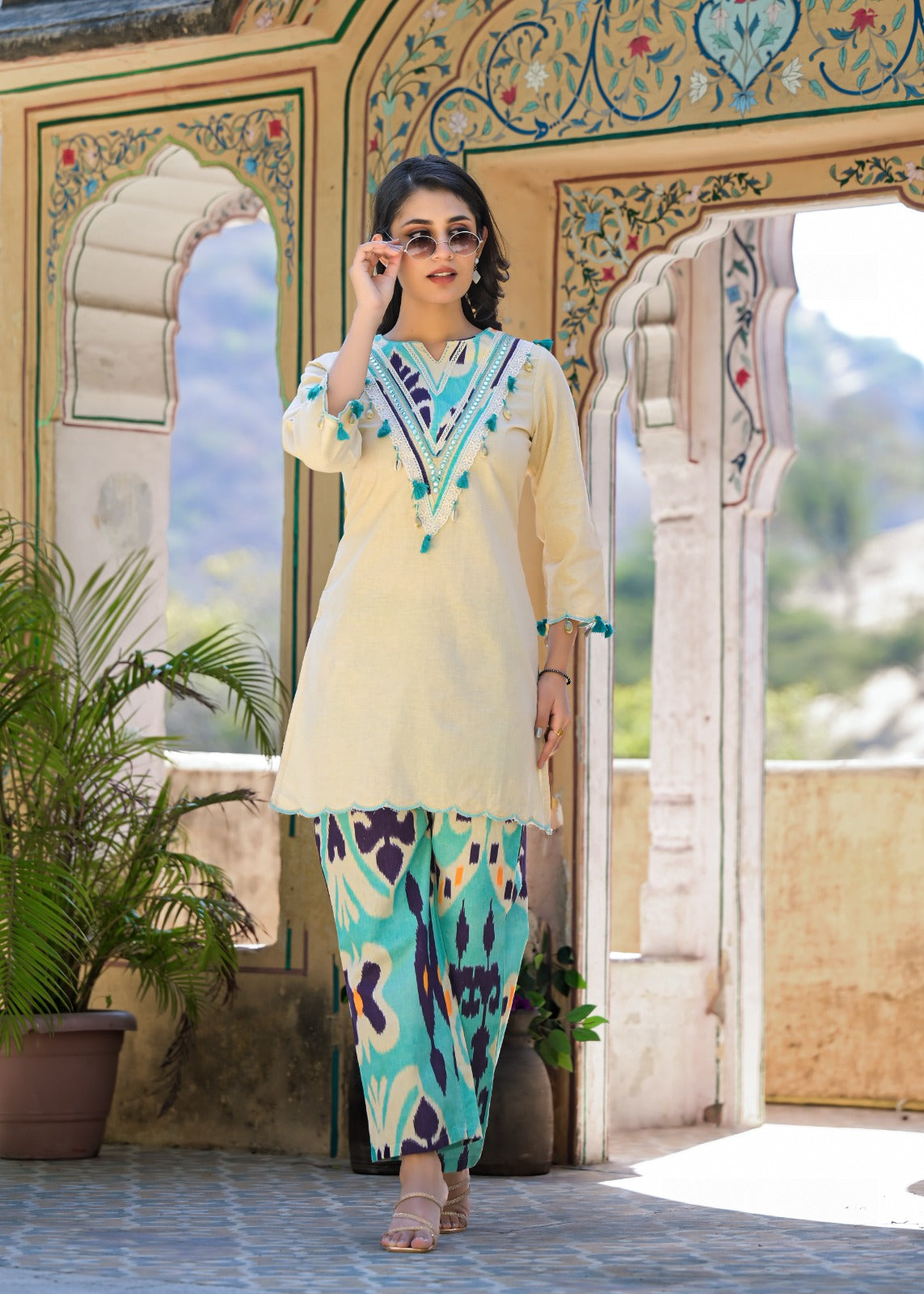 Pretty cotton Ikkat co ord with shell detailing