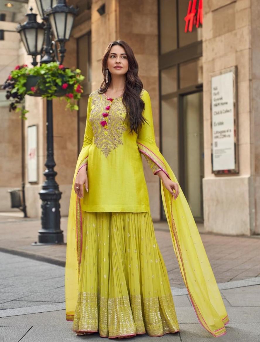 Georgette sharara with silk kurta and organza dupatta