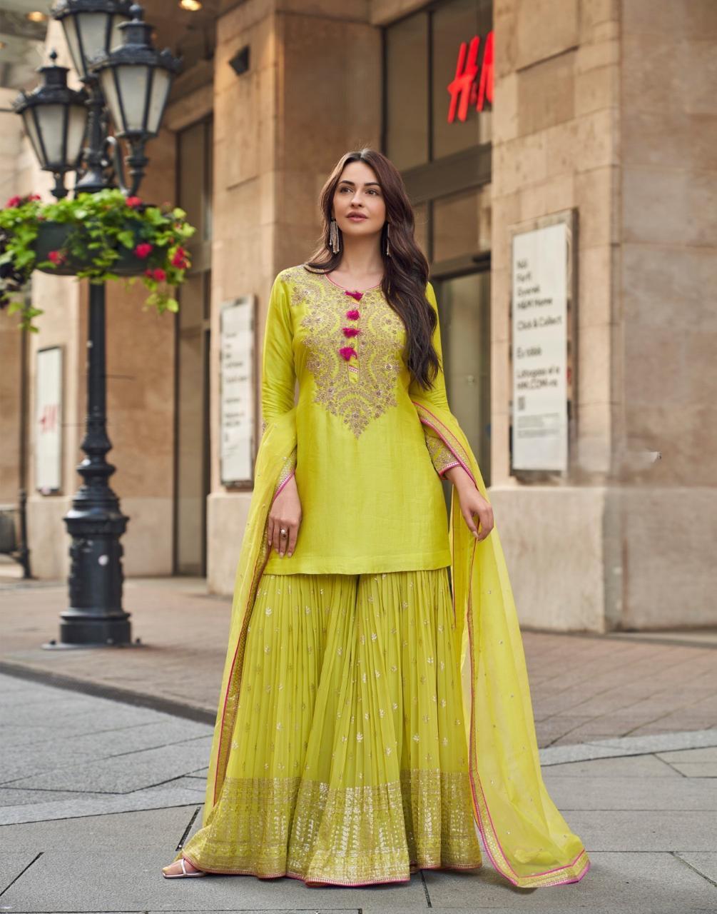 Georgette sharara with silk kurta and organza dupatta