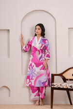 Digital printed smart co ord set in pink n purple