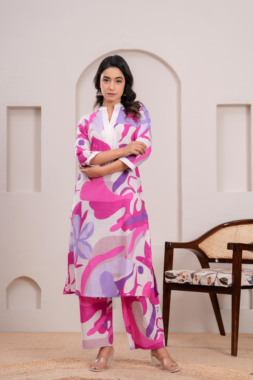 Digital printed smart co ord set in pink n purple