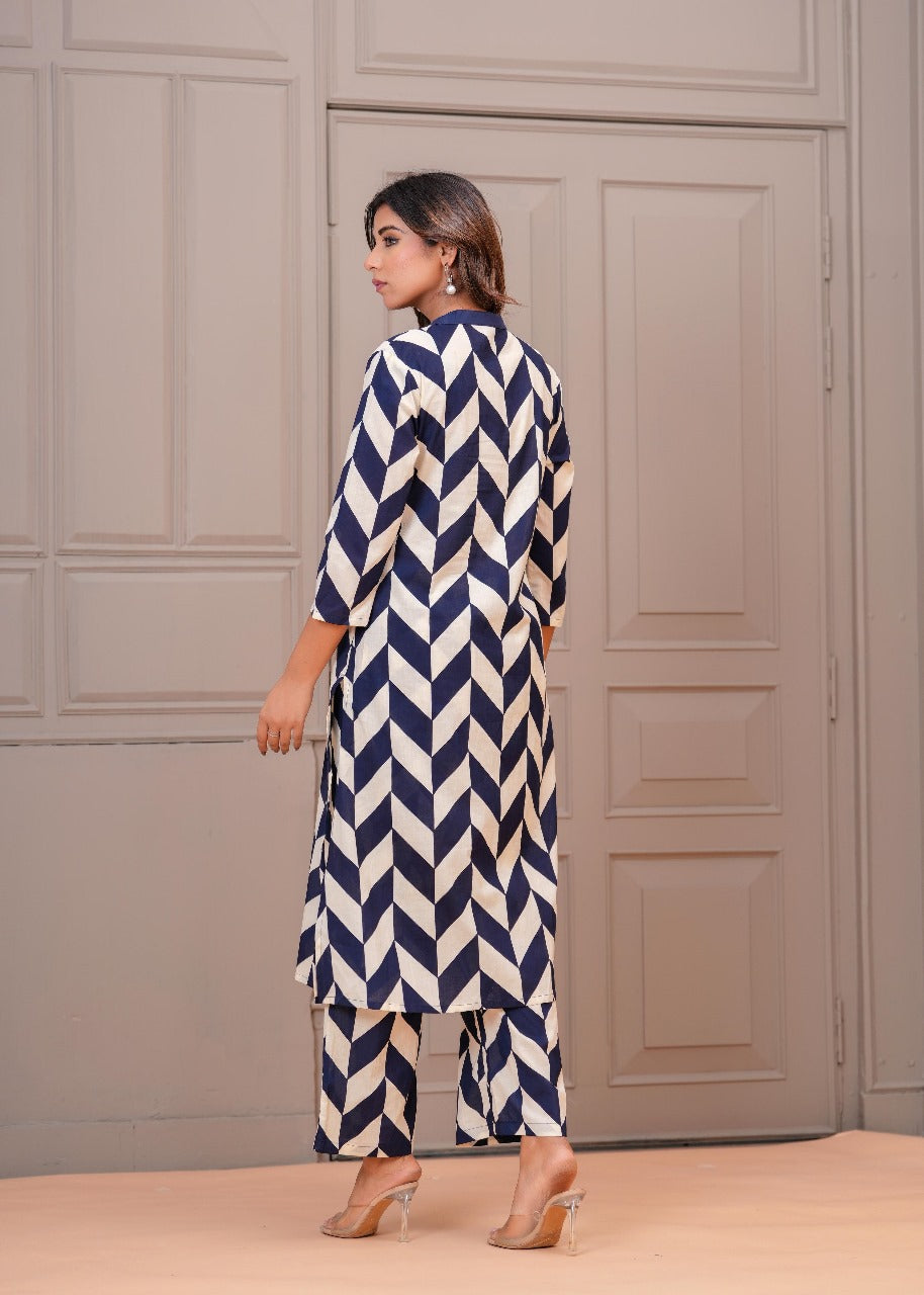 Digital printed smart co ord set in blue n white