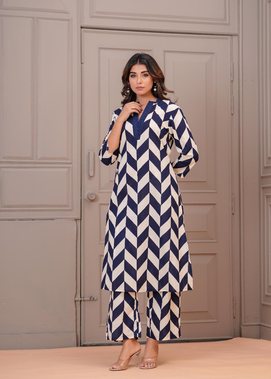 Digital printed smart co ord set in blue n white