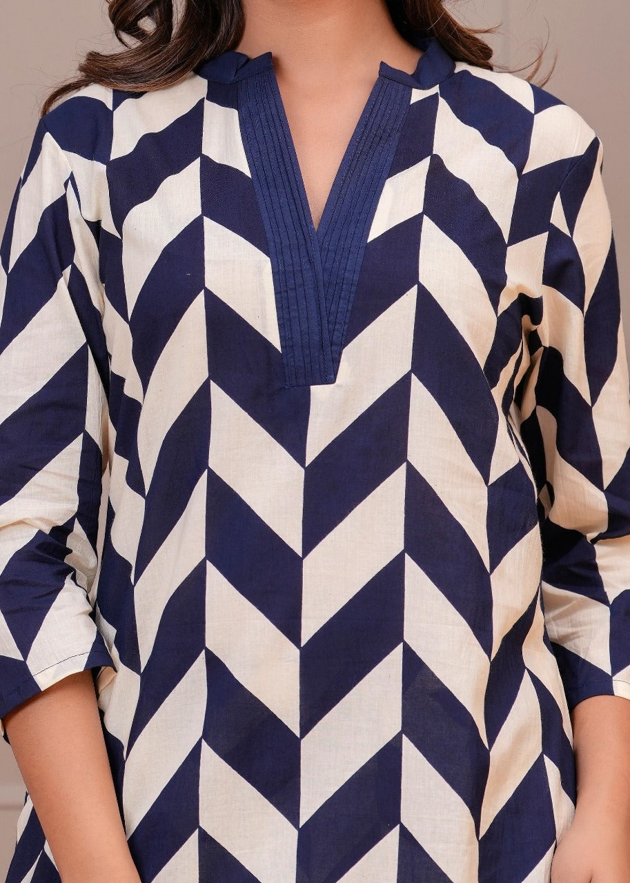 Digital printed smart co ord set in blue n white