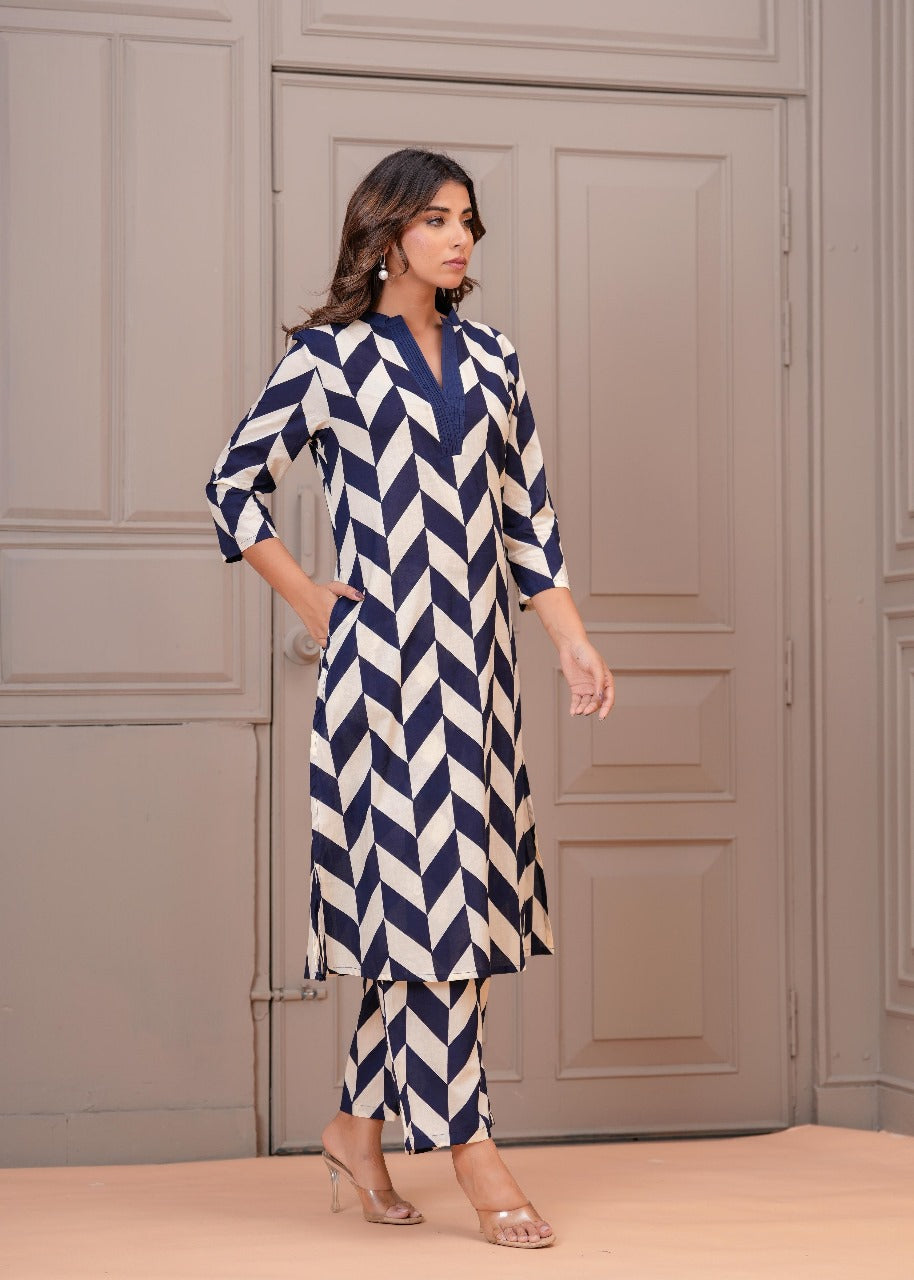 Digital printed smart co ord set in blue n white