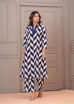 Digital printed smart co ord set in blue n white