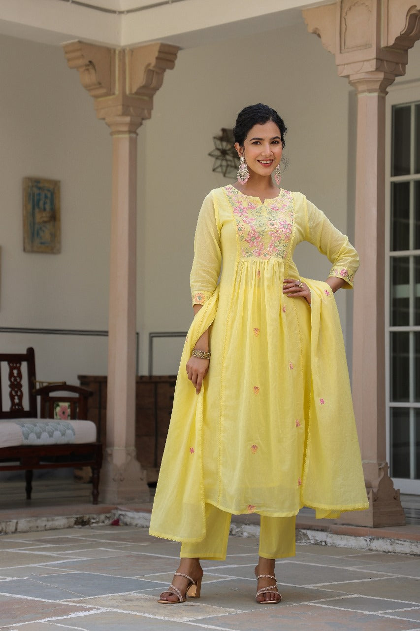 Pure Mul cotton embroidered Anarkali suit set