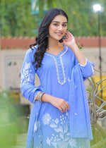 Pure cotton appliqué work suit set in powder blue