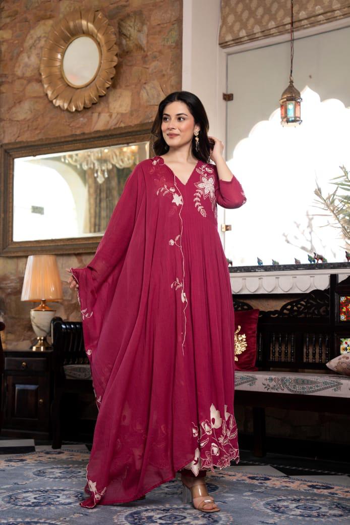 Pure Mul cotton lining appliqué work cotton suit in wine