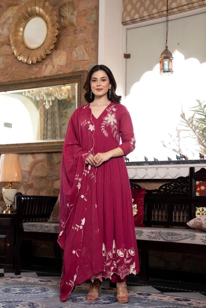 Pure Mul cotton lining appliqué work cotton suit in wine