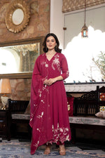 Pure Mul cotton lining appliqué work cotton suit in wine