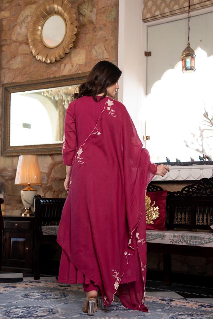 Pure Mul cotton lining appliqué work cotton suit in wine