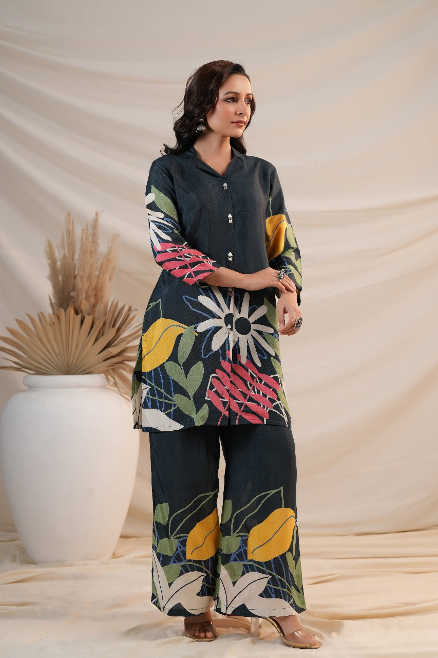 Pure crepe stylish Co ord setin blue