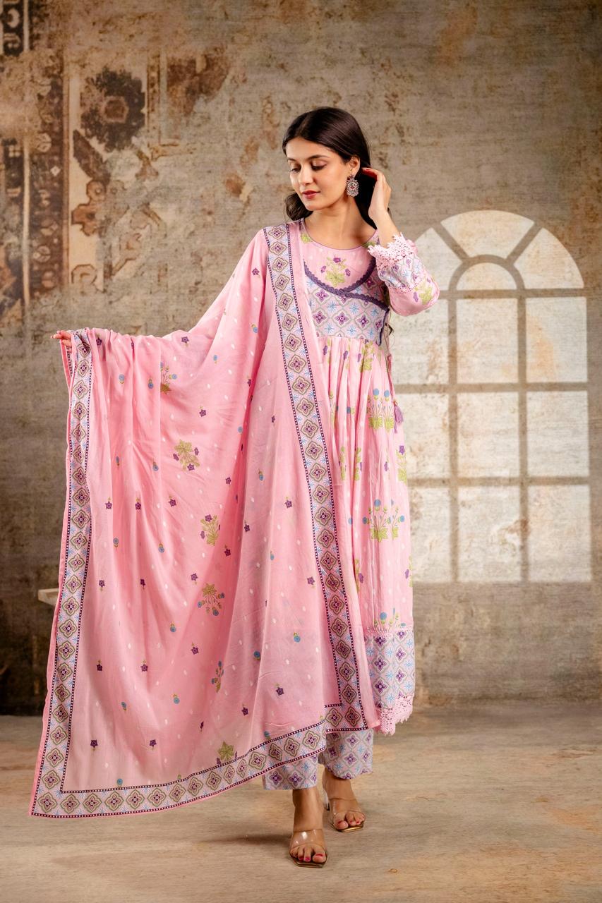 Pure cotton Angrakha pattern Anarkali in pink