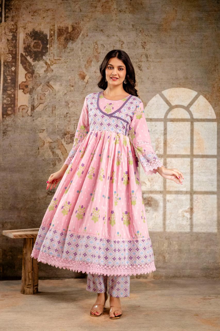 Pure cotton Angrakha pattern Anarkali in pink