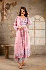 Pure cotton Angrakha pattern Anarkali in pink