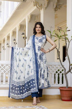 Sleeveless brush painted cotton full suit (extra sleeves available) blue n white