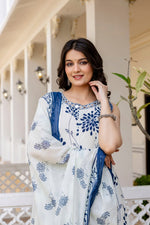 Sleeveless brush painted cotton full suit (extra sleeves available) blue n white