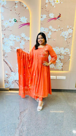 Pretty Mul cotton with intricate embroidered detailing paired with a brush painted dupatta