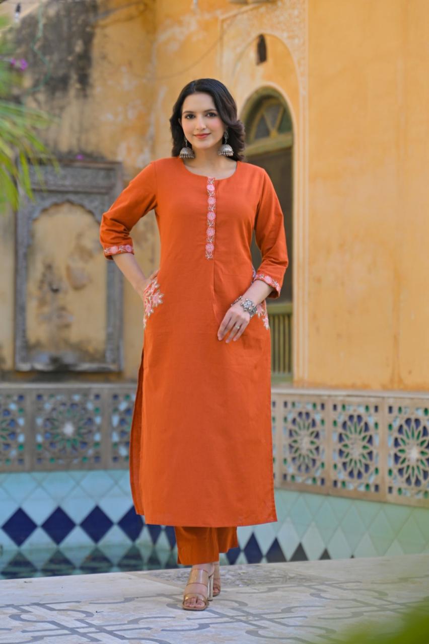 Designer pocket cotton set kurta pant in rust