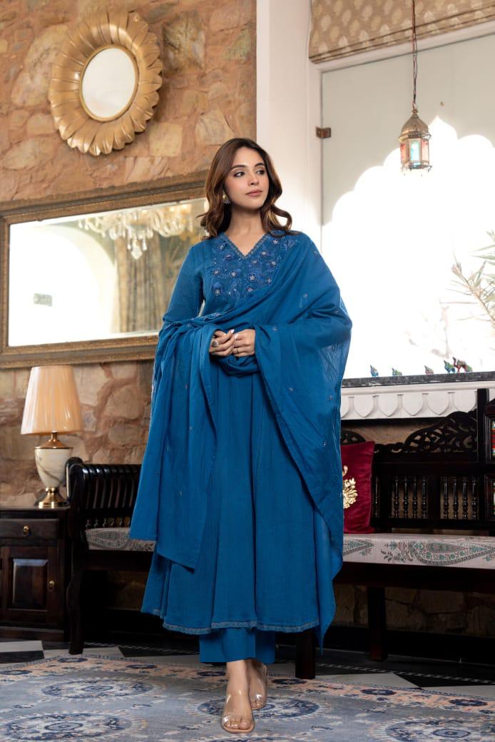 Restocked!!Beautiful Mul cotton full lining embroidered suit set in blue.