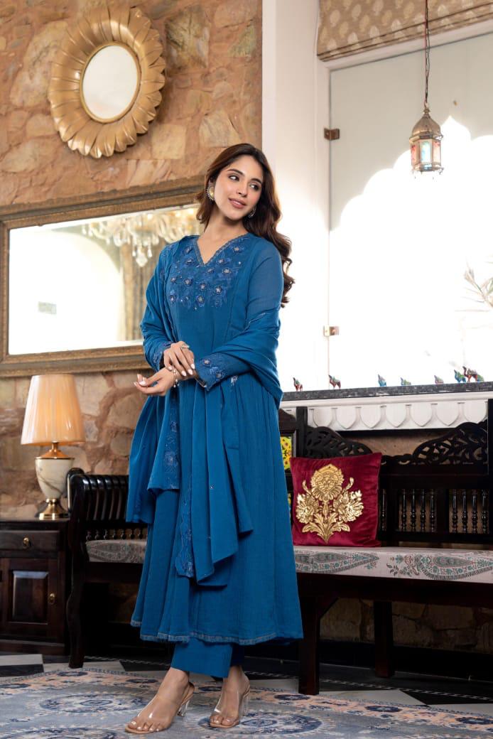 Restocked!!Beautiful Mul cotton full lining embroidered suit set in blue.