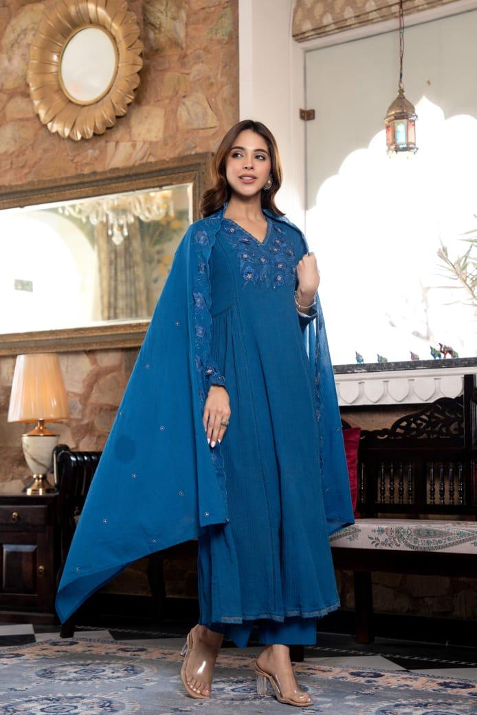 Restocked!!Beautiful Mul cotton full lining embroidered suit set in blue.