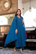 Restocked!!Beautiful Mul cotton full lining embroidered suit set in blue.