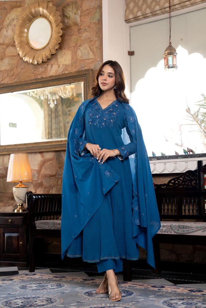 Restocked!!Beautiful Mul cotton full lining embroidered suit set in blue.