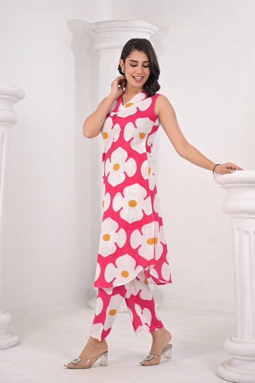 Smart sleeveless with pockets cotton kurta pant in pink