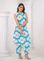 Smart sleeveless with pockets cotton kurta pant in blue