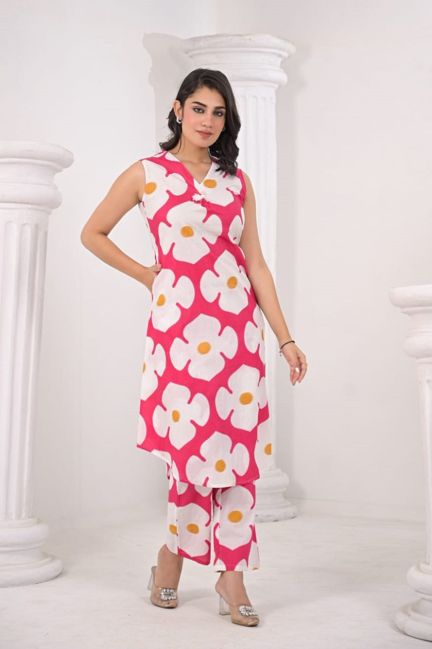 Smart sleeveless with pockets cotton kurta pant in pink