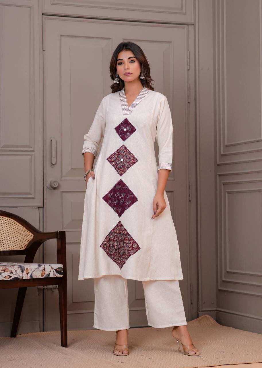 Pretty cotton appliqué work kurta pant
