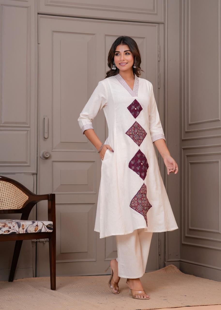 Pretty cotton appliqué work kurta pant