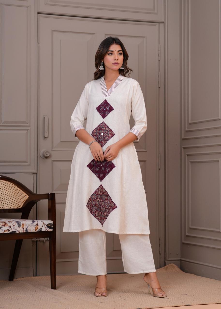 Pretty cotton appliqué work kurta pant