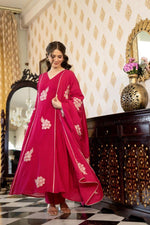 Beautiful embroidered cotton suit set in Rani pink