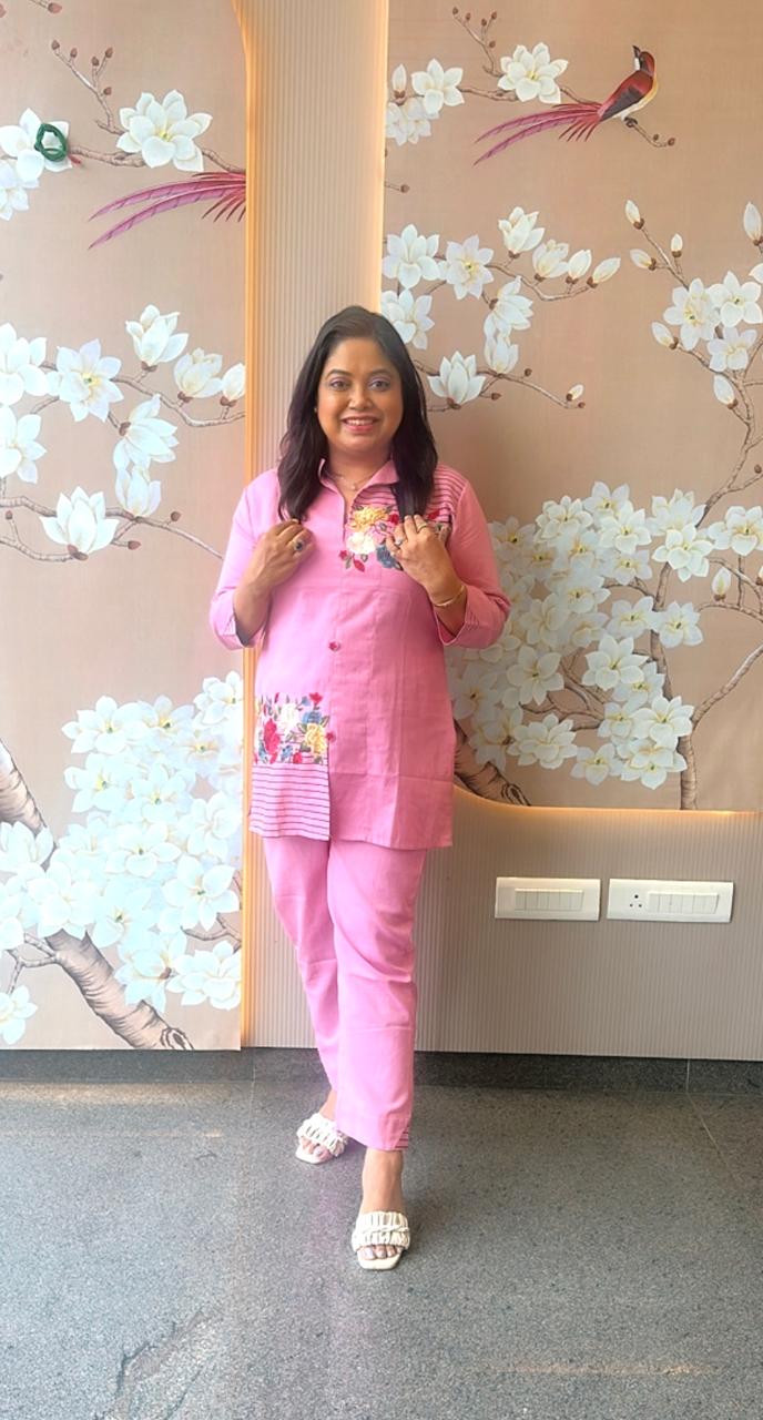 Cotton embroidered co ord set in pink