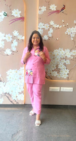 Cotton embroidered co ord set in pink