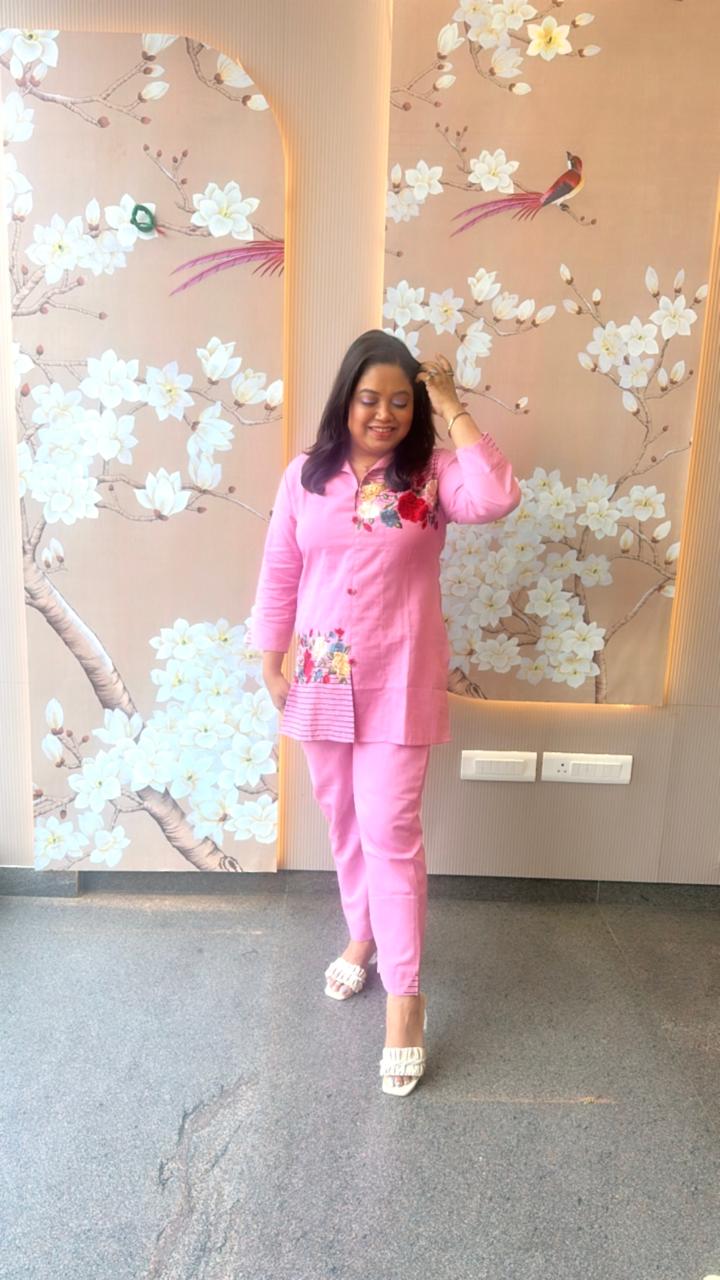 Cotton embroidered co ord set in pink