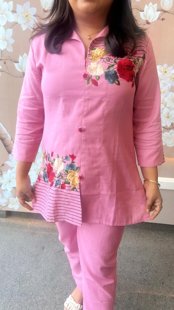 Cotton embroidered co ord set in pink