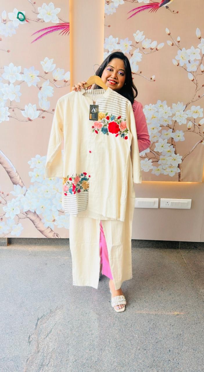 Cotton embroidered co ord set in ivory