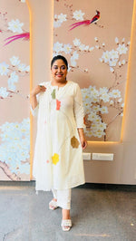 Premium silly cotton embroidered front lining suit set with pearl detailing on yoke