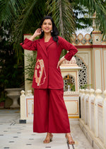 Embroidered jacket with separate inner smart cotton co ord in red