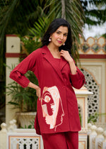 Embroidered jacket with separate inner smart cotton co ord in red